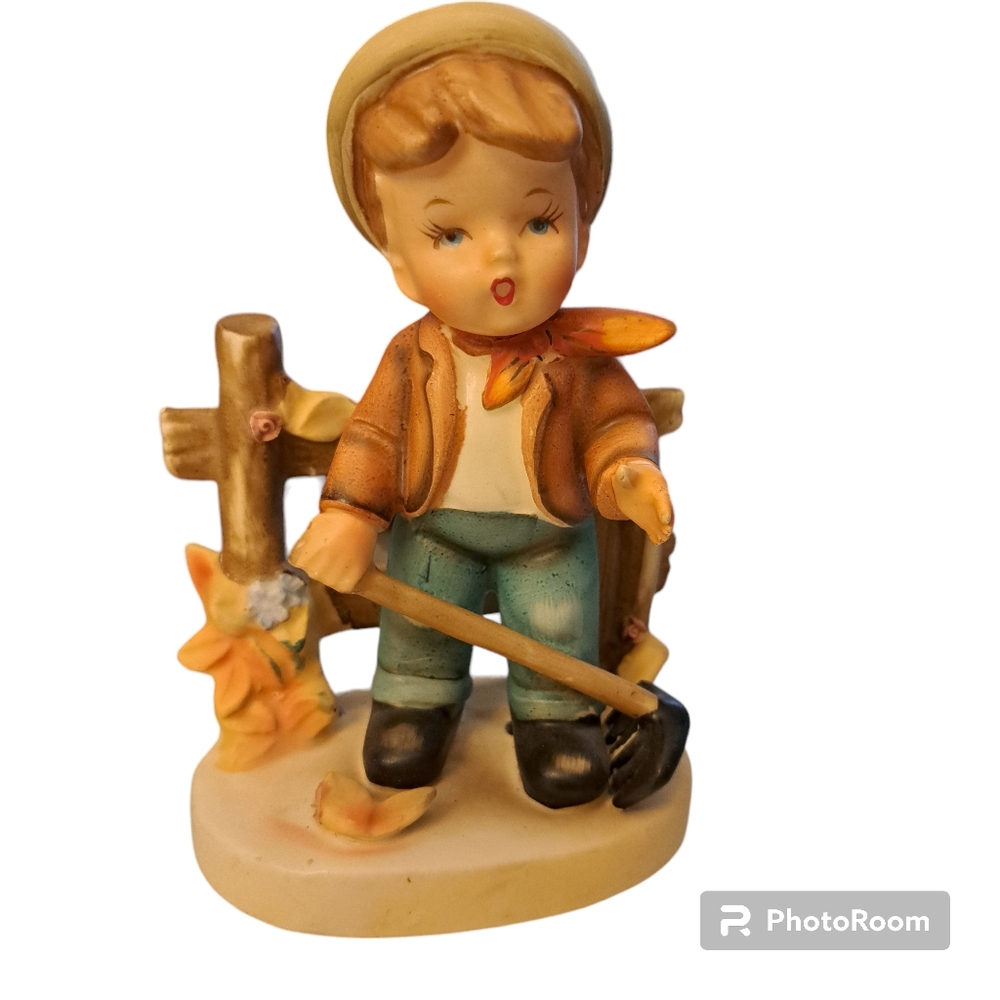 Erich Stauffer Vintage Autumn Time Boy W/Cap Holding Garden Rake #8218